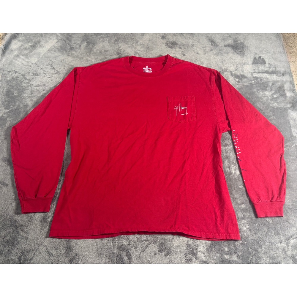 Guy Harvey Mens Marlin Graphic Long Sleeve Pocket T Shirt XL Red Cotton
